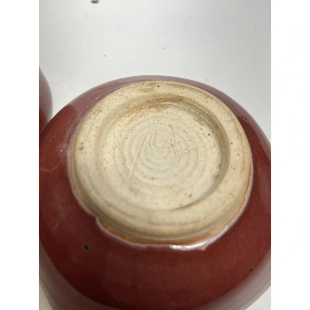 Japanese Studio Pottery Chawan Tea Cup & Bowl Set Red Glaze Signed M